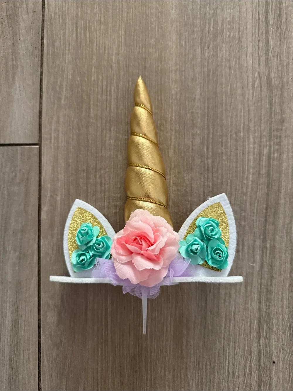 Gold Unicorn Horn Cake Topper with Pink and Teal Flowers